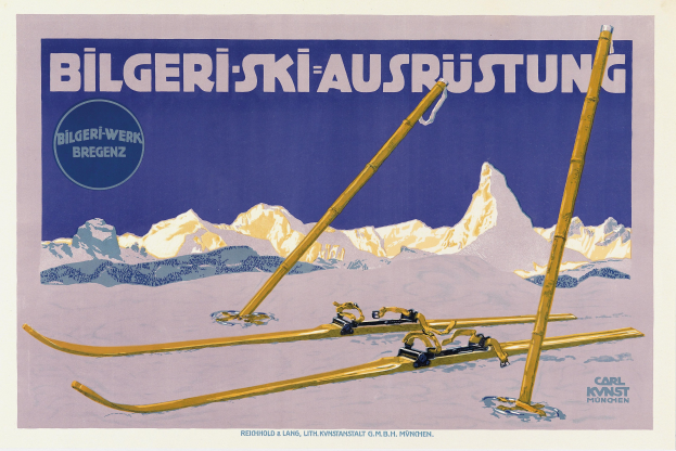Plakat, das eine Skistation in den Schweizer Alpen bewirbt, mit Skiern im Vordergrund und schneebedeckten Bergen im Hintergrund sowie Text mit Informationen zur Station.