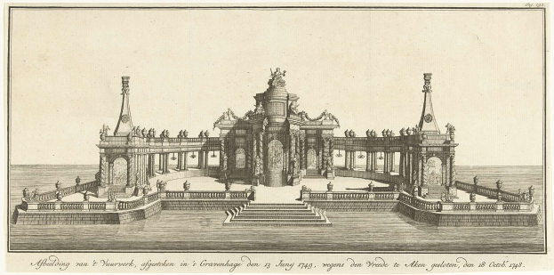 Historisches Bild einer Brunnenanlage in einem Gewässer mit Skulpturen, Treppen und Geländern, mit einer Inschrift am unteren Rand, die lautet: "Abbelding van & Nuurwerk, afgertaken in 'Groenhage' am 13. Juni 1749".