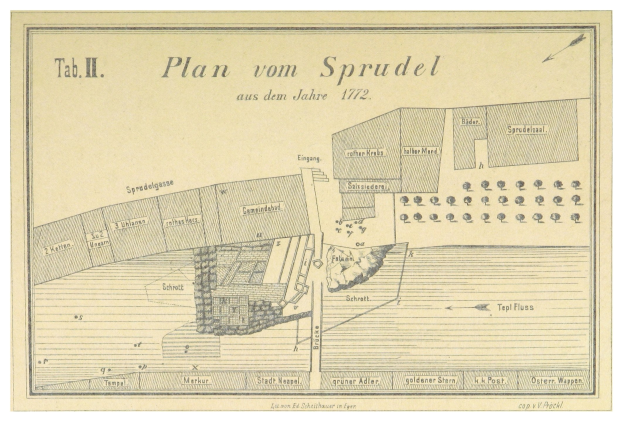Ein Plakat mit einem detaillierten Plan von Spruidel, Deutschland, und begleitendem Text mit zusätzlichen Informationen zur Stadt.