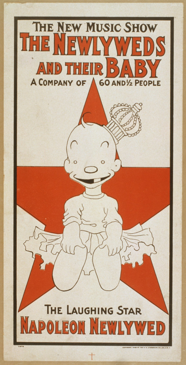 Plakat für "The New Music Show: Die Neuvermählten und ihr Baby" mit einer Cartoon-Baby in einem weißen Strampler mit einer pinken Schleife, das gegen einen hellblauen Hintergrund mit Sternen und fetter schwarzer Schrift lächelt.