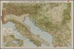 Ein detaillierter strategischer Kriegsplan von Europa mit schwarzem Rand, der verschiedene Länder und Regionen während des Kriegs zeigt.