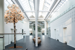 Ein Wohnzimmer mit einer Couchgarnitur, Boden, Pfosten, Türen, Wänden und einem Spiegel.