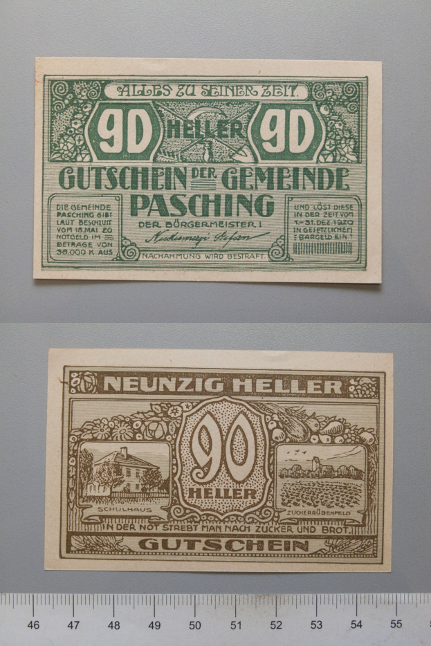 Alte deutsche Banknote mit Lineal als Maßstab, mit gedrucktem Text und Zahlen sowie einer Skala am unteren Rand.