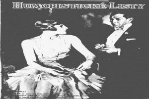 Ein schwarz-weißer Filmplakat für 'Humoristicke Listy' mit einem Mann und einer Frau, auf dem der Titel prominent angezeigt wird.