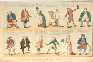 Papier mit gedruckten Bildern von Menschen und handgeschriebener Text, das öffentliche Meinungen zu den Vorgängen darstellt.