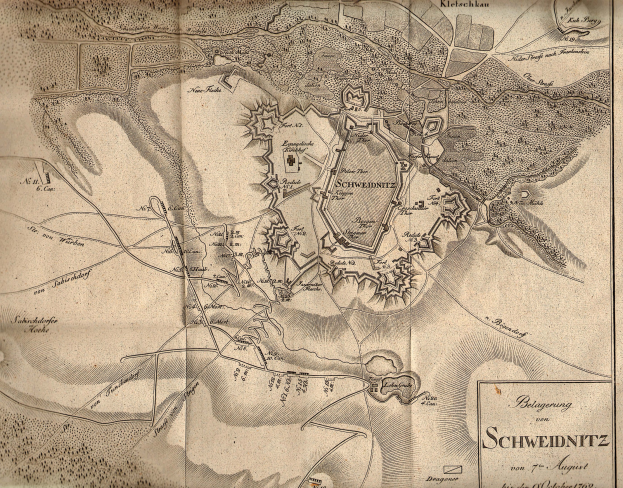 Alte detaillierte Karte von Schweidnitz, Deutschland, mit Straäen, Geb"uden und Landmarken sowie Texten zur Beschreibung der Bev"olkkerung, Geschichte und Kultur.