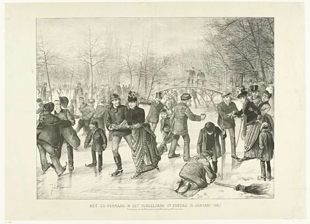 Menschen auf einem Eisstadion in Vondel Park, mit Bäumen und einer Brücke im Hintergrund, wie in einer historischen Illustration vom 10. Januar 1887 dargestellt.