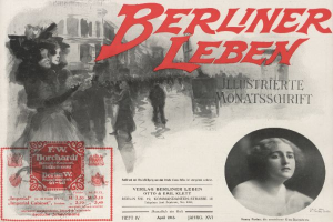 Eine Frau in einem Kleid und ein Mann in einem Anzug sind auf einem Plakat für den Berliner Leben-Film zu sehen, mit Text, einem Stempel und einigen Menschen und Gebäuden im Hintergrund.