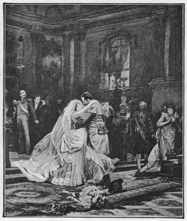 Schwarz-weißes Foto einer Braut und eines Bräutigams, die leidenschaftlich vor einer Menge knutschen, mit einem Blumenstrauß auf dem Boden und einer Wand mit einem Fenster im Hintergrund.