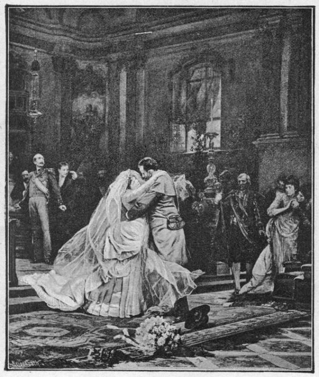 Schwarz-weißes Foto einer Braut und eines Bräutigams, die leidenschaftlich vor einer Menge knutschen, mit einem Blumenstrauß auf dem Boden und einer Wand mit einem Fenster im Hintergrund.