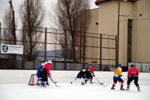 Menschen beim Eishockey auf einem Eisstadion mit Bäumen, Gebäuden, einer Straßenlaterne, einem Namensschild und Zäunen im Hintergrund unter einem Himmel.