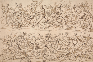 Eine Zeichnung einer chaotischen Szene mit laufenden und springenden Menschen und Text am unteren Rand, der das Durcheinander erhöht.