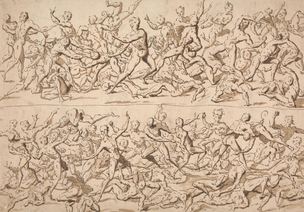 Eine Zeichnung einer chaotischen Szene mit laufenden und springenden Menschen und Text am unteren Rand, der das Durcheinander erhöht.