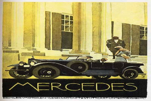 Vintage Mercedes-Benz-Plakat aus den 1920er Jahren mit einem klassischen Auto vor einem modernen Glasgeb├Ąude, mit zwei Personen im Auto und 'Mercedes-Benz' Text unten.