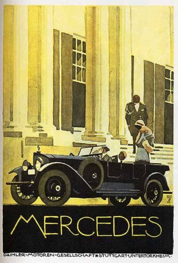 Vintage Mercedes-Benz-Plakat aus den 1920er Jahren mit einem klassischen Auto vor einem modernen Glasgeb├Ąude, mit zwei Personen im Auto und 'Mercedes-Benz' Text unten.