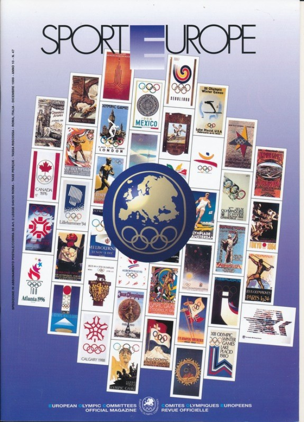Ein Buchumschlag mit dem Titel "Sport in Europa", der farbenfrohe Bilder und Texte zu den Olympischen Spielen in Europa zeigt, mit weißer, fetter Schrift und detaillierten Olympischen Symbolen.