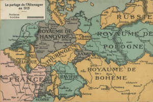 Eine Europakarte, die die Provinzen Frankreichs und Deutschlands hervorhebt und Städte, Flüsse und geografische Merkmale benennt.