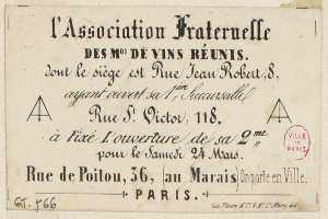 Ein Blatt Papier mit handgeschriebener Text und einem Stempel auf der rechten Seite, einladend zur Association Fraternelle des MPS de Vins Reunis.