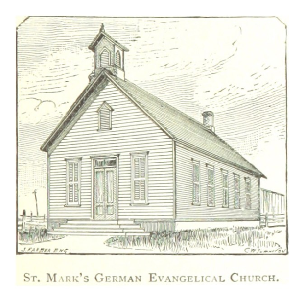 Eine Zeichnung der St. Markus-Kirche der Deutschen Evangelischen Kirche mit einem zentralen Haus und Text unten.