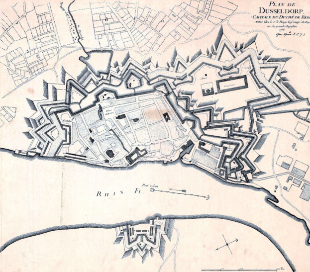 Detailierte Stadtplan-Poster von Düsseldorf, Deutschland, mit Straßen, Gebäuden, Sehenswürdigkeiten und Text mit Bevölkerungsangaben, Geschichte und Kulturinformationen.