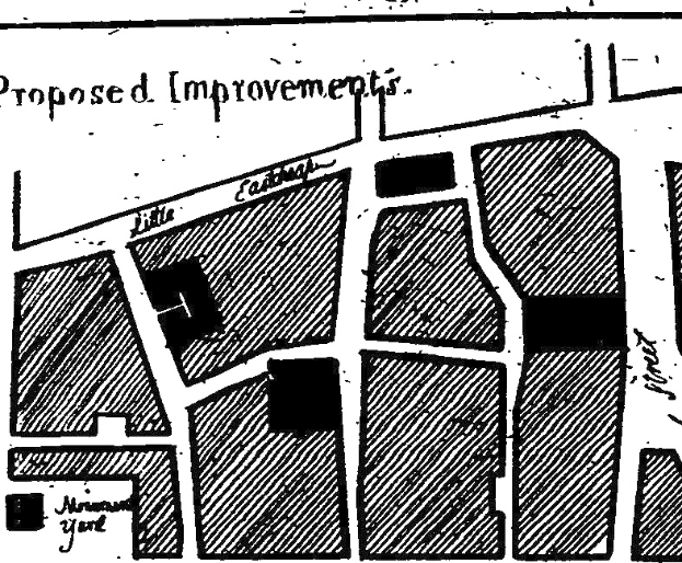 Schwarz-weiß-Stadtplan mit Straßen, Gebäuden und Sehenswürdigkeiten beschriftet "Vorgeschlagene Verbesserungen".