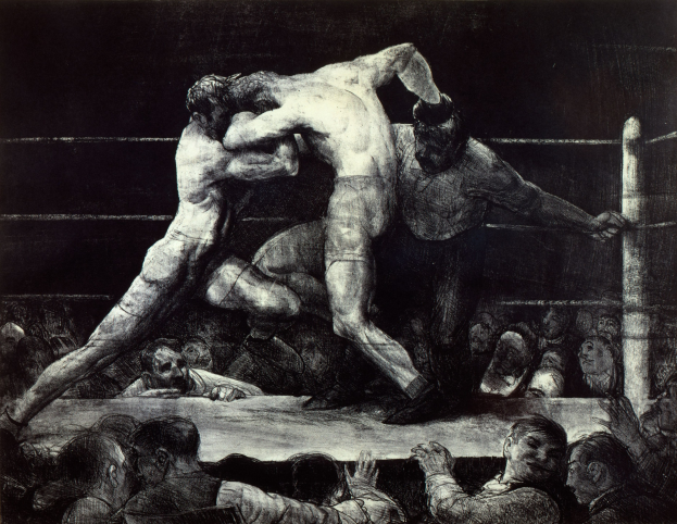 Schwarz-weiß-Zeichnung von zwei Boxern im Ring, die sich gegenseitig mit Faustschlägen traktieren, während eine jubelnde Menge zusieht.