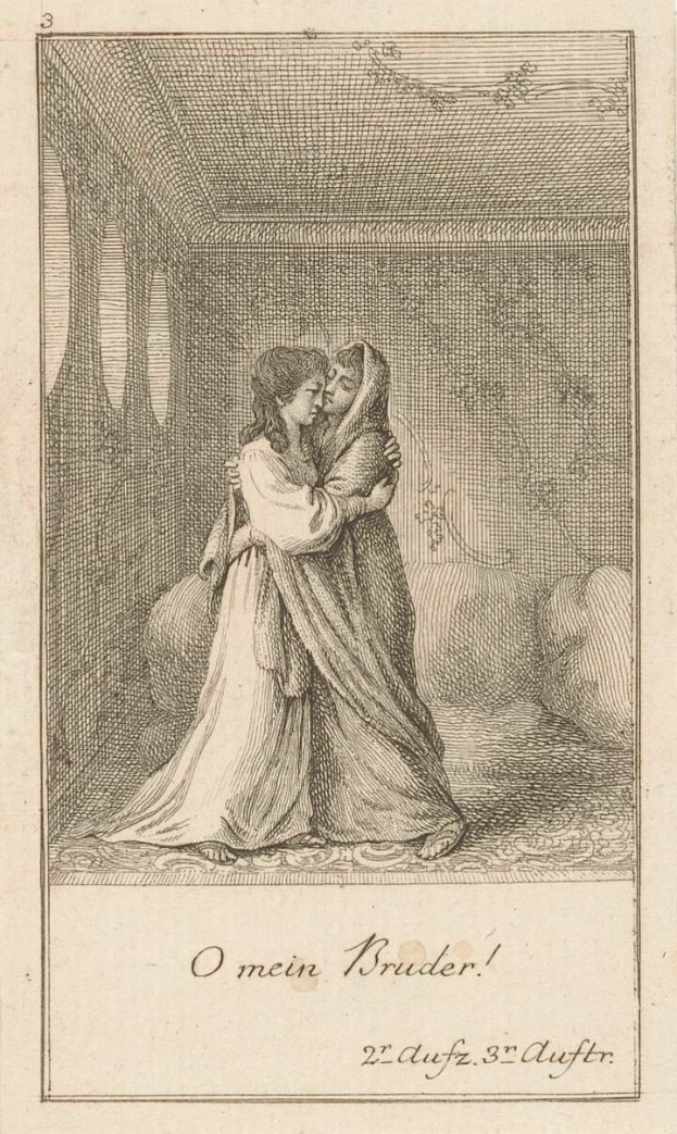 Eine Gravur eines Mannes und einer Frau, die sich in einem warm beleuchteten Raum umarmen, mit dem Text 'O mein Bruder' unten.