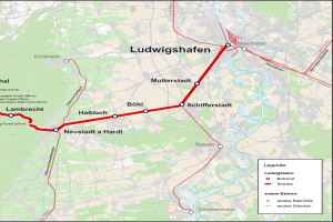 Eine Karte von Ludwigshafen, Deutschland, mit einer roten Linie, die eine Zugstrecke anzeigt, und Text, der Details zum Zug_length, Abstand und Sehenswürdigkeiten bereitstellt.