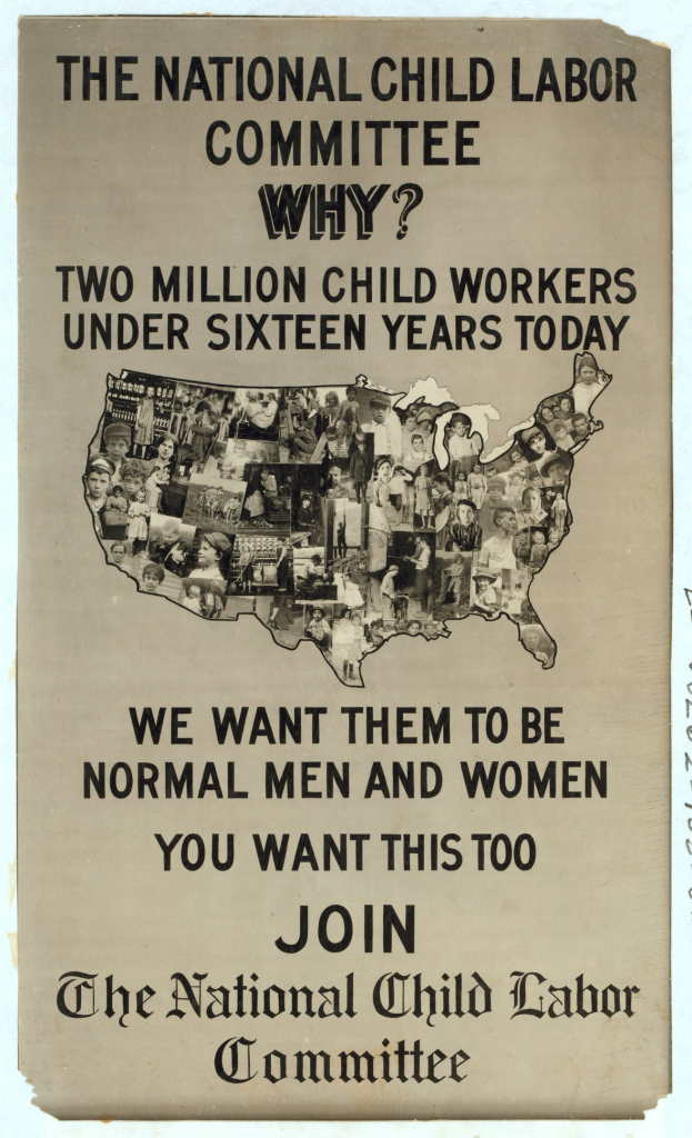 Plakat mit einer USA-Karte und Text zum Kinderschutz, mit Abbildungen von Ausschussmitgliedern.