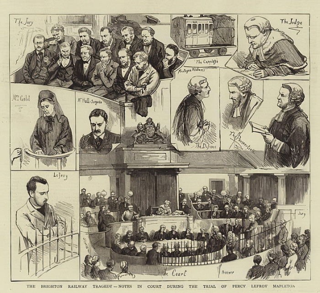 Schwarze und weiße Gerichtsszene mit einer stehenden Person, die ein Buch hält, einer Gruppe, die sitzt, und einem Zug im Hintergrund, betitelt "The Brighton Railway Tragedy - Notes in Court During the Trial of Percy Leffroy Mapleton".