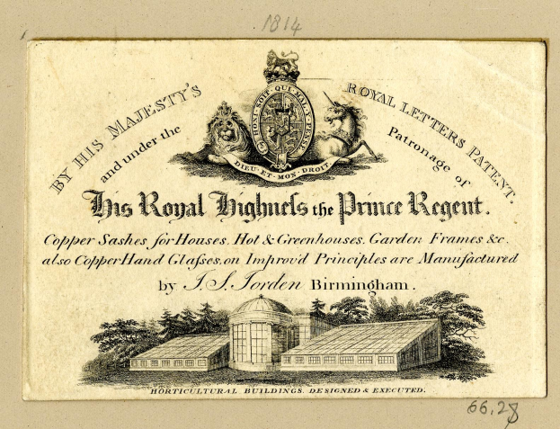 Alte Visitenkarte mit einem Bild eines Gebäudes mit Bäumen, dem Text "The Royal Highmills of the Prince Regent" und einem Logo.