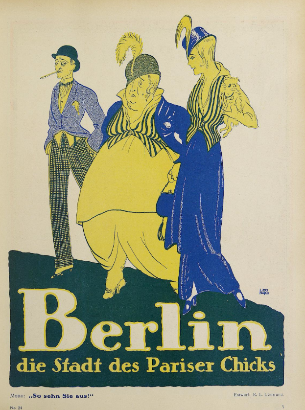 Ein Plakat, das ein Konzert in Berlin, Deutschland, ankündigt, mit einer Gruppe farbenfroher Menschen vor einem Gebäude mit dem Text 'Berlin - Die Stadt des Pariser Chicks' oben.