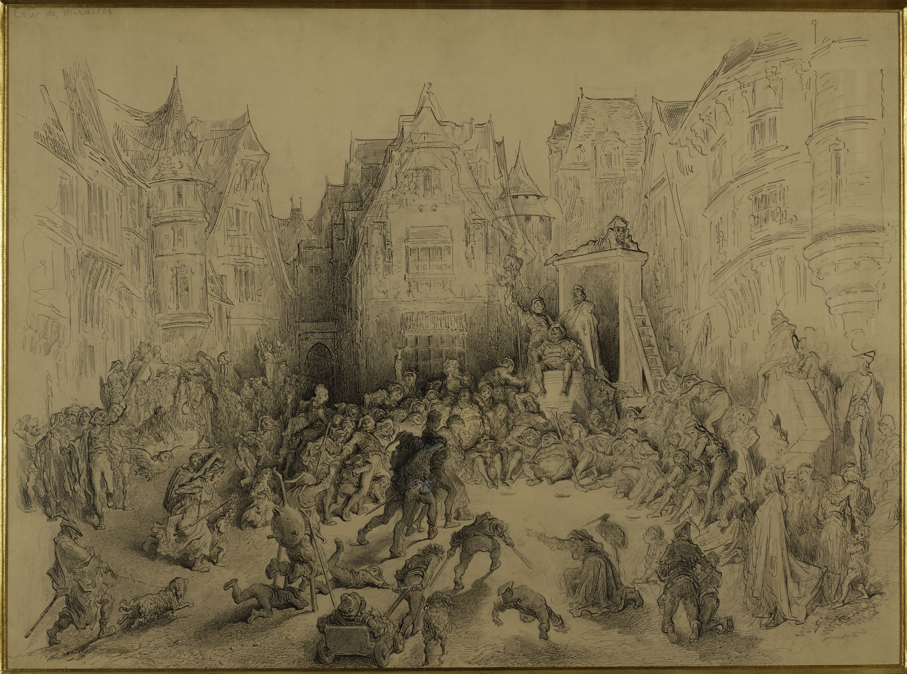 Ein gerahmtes Bild einer belebten Stadtstraße mit Menschen, die stehen und sitzen, in einer lebhaften Atmosphäre, mit Gebäuden im Hintergrund.