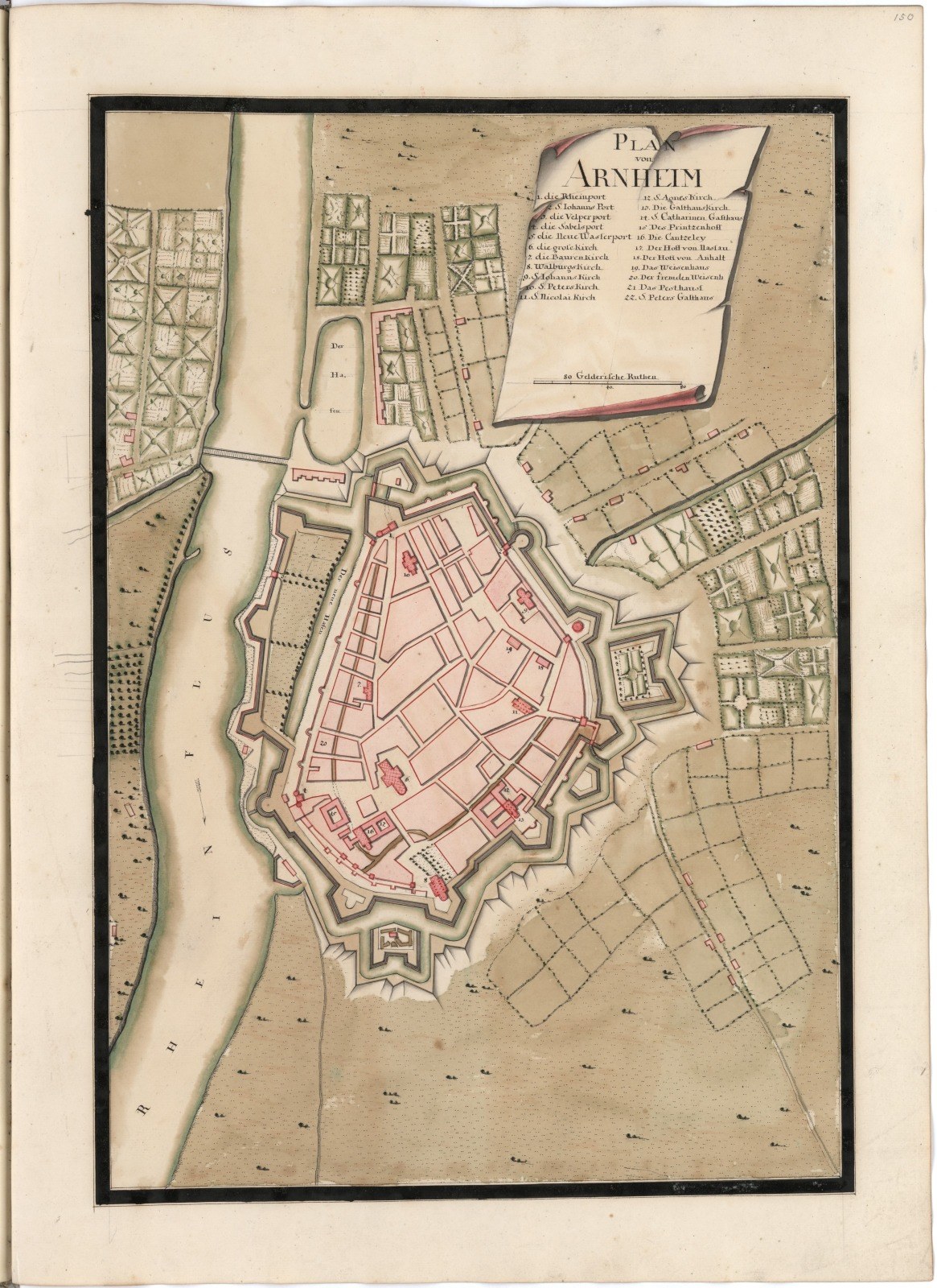 Altes Buch offenbart detaillierte Karte von Arnheim, Deutschland, mit Straßen, Gebäuden und Sehenswürdigkeiten sowie begleitendem Text.