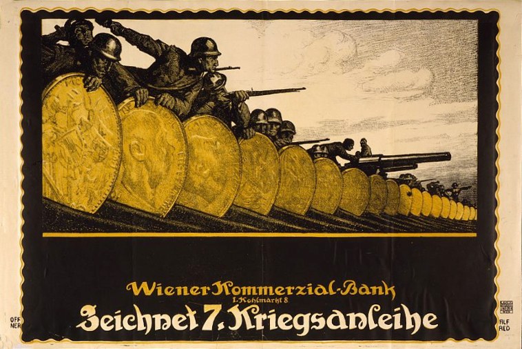 Eine Gruppe von Helmi-trägern mit Waffen, mit dem Text "Wiener Kommmerzial Bank" unten auf einem deutschen Weltkriegspropagandaplakat.