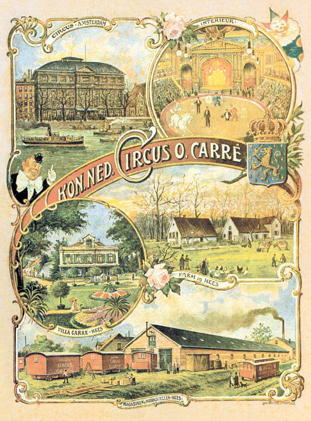 Farbenfrohes Zirkusposter in städtischer Umgebung mit Gebäuden, Bäumen, Menschen, Tieren und Text.