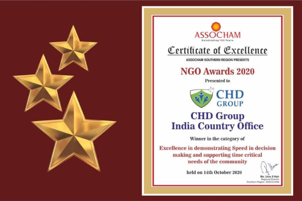 Auszeichnung 'Certificate of Excellence' für die NGO Awards 2020 an die Chd Group India Country Office verliehen, mit einem Schild-Logo mit einem zentralen Stern und einem Lorbeerkranz.