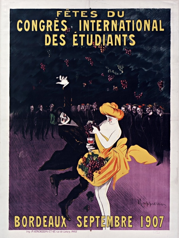 Plakat aus dem Jahr 1907, das ein Weinprobevent in Bordeaux, Frankreich, bewirbt, mit einer Frau in gelbem Kleid, die ein Weinglas hält, umgeben von einer Gruppe von Menschen.