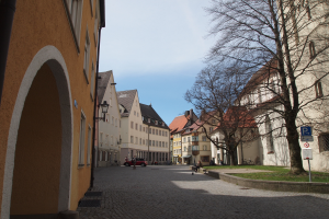 Eine Kopfsteinpflasterstraße in Heidelberg, die von Gebäuden, Laternen, Schildern, Fahrzeugen, Passanten, Gras, Bäumen und einem klaren blauen Himmel gesäumt ist.