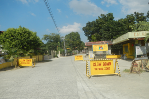 Eine Straße mit einem gelben "Slow Down School Zone"-Schild, parkende Fahrzeuge auf der rechten Seite und ein Hintergrund mit Bäumen, Gebäuden, Polen, Drähten und dem Himmel.