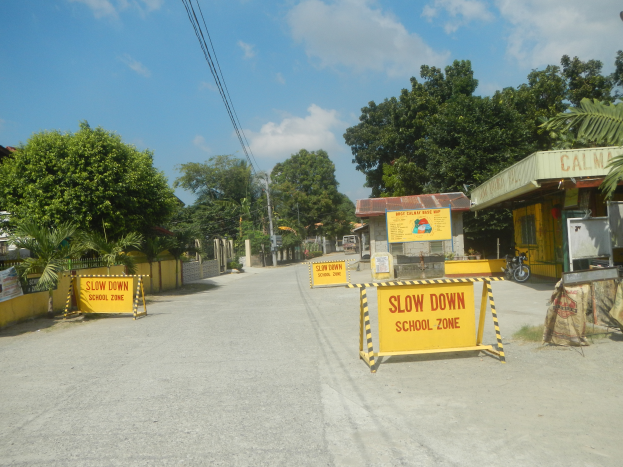 Eine Straße mit einem gelben "Slow Down School Zone"-Schild, parkende Fahrzeuge auf der rechten Seite und ein Hintergrund mit Bäumen, Gebäuden, Polen, Drähten und dem Himmel.