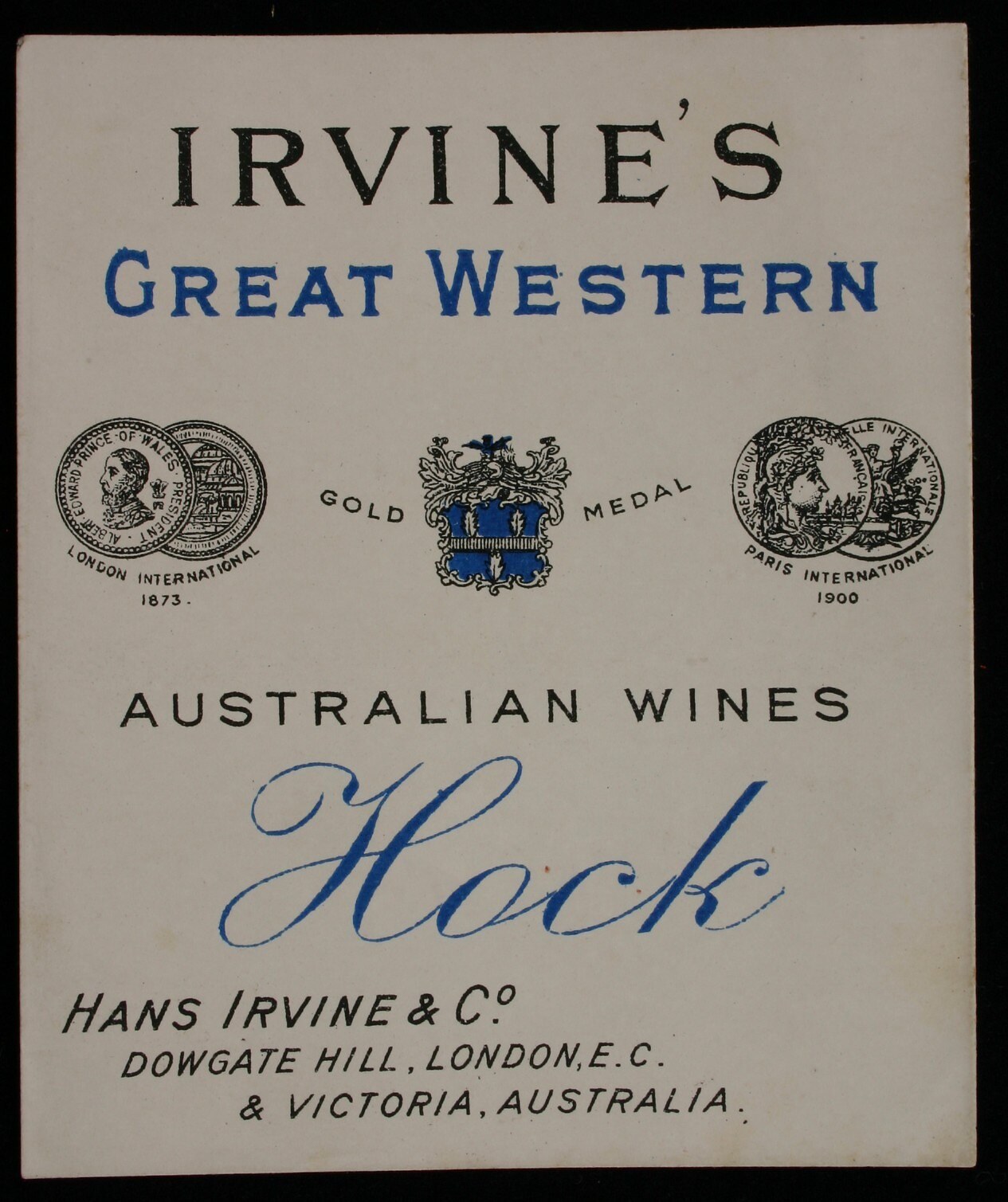 Plakat, das Irvines großartige westaustralische Weine mit Firmenlogos und Text ankündigt, der verschiedene Weinarten angibt.