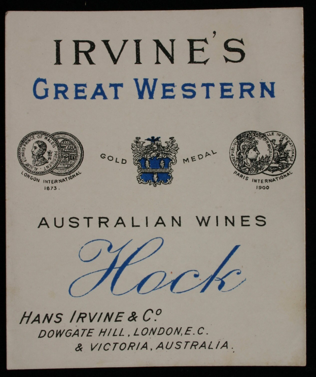 Plakat, das Irvines großartige westaustralische Weine mit Firmenlogos und Text ankündigt, der verschiedene Weinarten angibt.