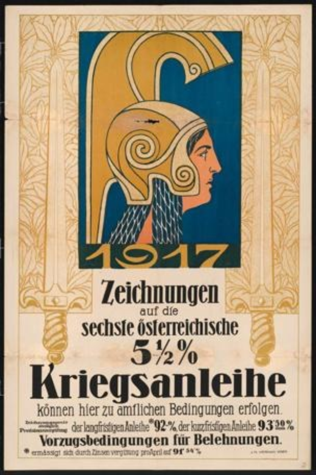 Plakatankündigung für ein 1917er Konzert in Berlin, Deutschland, mit einer Frau in einem Helm, die ein Schwert hält, und Text darauf