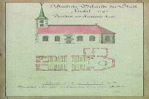 Eine Zeichnung der Kirche St. Nikolai in Dresden, Deutschland, mit einem Turm und einem Glockenturm, sowie begleitendem Text.