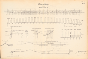 Ein aufgeschlagenes Buch mit einer detaillierten Zeichnung einer Eisenbahnschiene, umgeben von Text, das einen Überblick über das Eisenbahnsystem gibt.