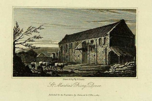Eine Gravur von St. Martins Priory, Dyer, mit einem Haus, Bäumen, Tieren und einem Himmel im Hintergrund sowie Text unten.