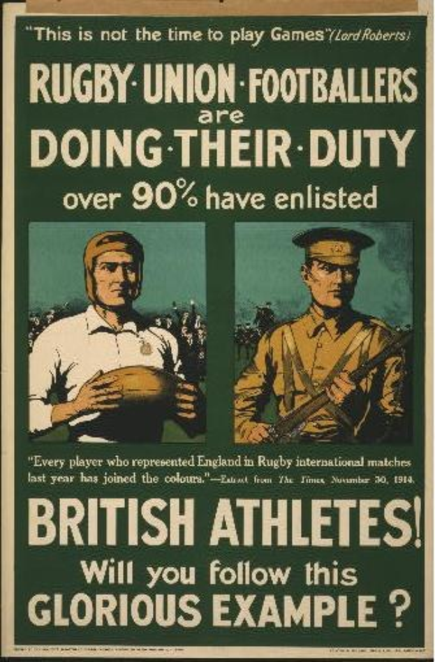Plakat mit zwei Rugbyspielern in Uniform, Text über britische Athleten im Einsatz.