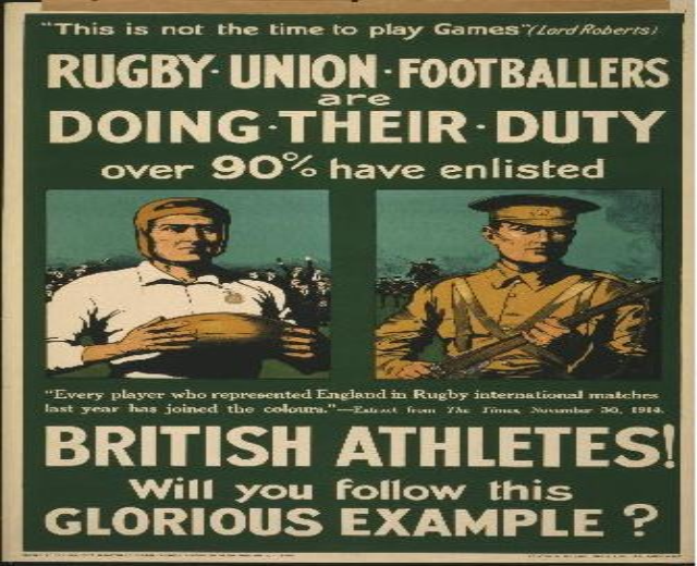 Plakat mit zwei Rugbyspielern in Uniform, Text über britische Athleten im Einsatz.