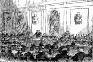 Schwarze und weiße Gerichtszimmer-Zeichnung mit sitzenden Personen und stehenden Figuren im Hintergrund, beschriftet mit "Gericht" unten.